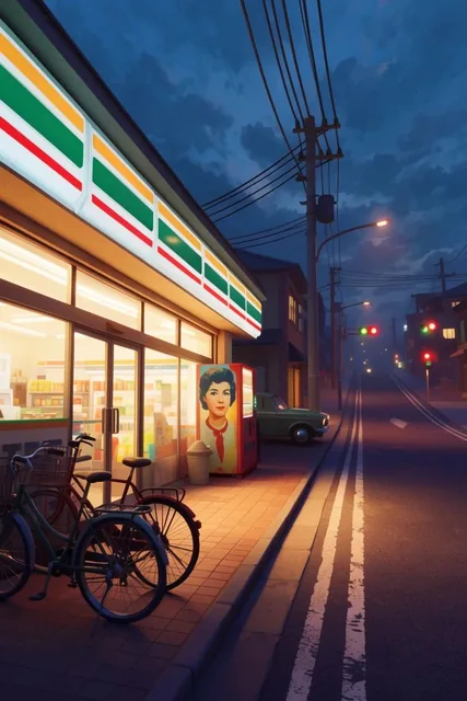 illuminated convenience store on a twilight street, warm interior glowing behind glass doors, t...