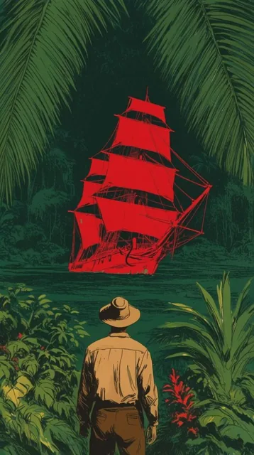 bright red silhouette of a sailing ship stranded in a dark green jungle, man viewed from behind...