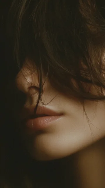 extreme close-up of a woman's face partially obscured by tousled dark brown hair, soft parted l...
