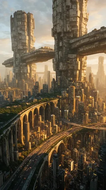 A sprawling futuristic megalopolis blending golden-lit skyscrapers with colossal, weathered bru...