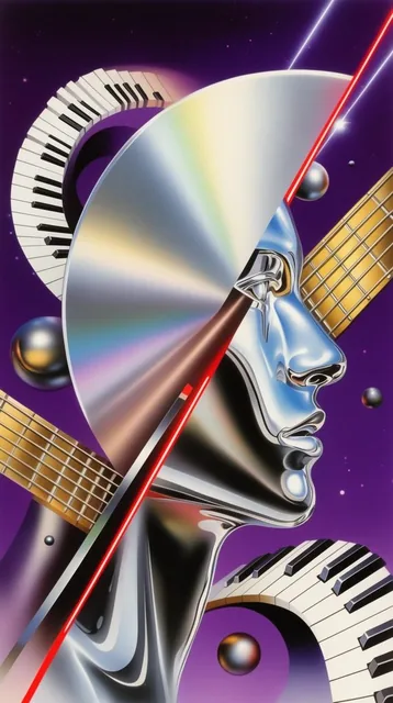 A retro-futuristic airbrush illustration merges a chrome human profile with abstract geometric...