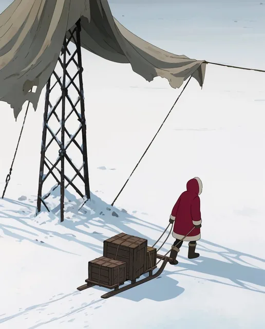 A figure in a crimson parka drags a sled of lashed wooden crates across a vast expanse of stark...