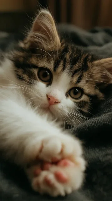 close-up of a fluffy tabby and white kitten resting on dark grey fabric, one large white paw ou...