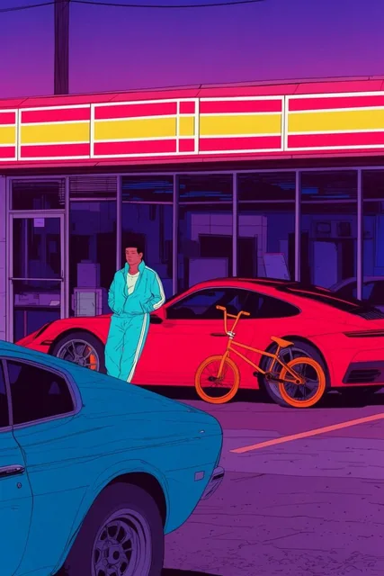 Retro neon storefront at dusk, comic art style, synthwave aesthetic, figure in cyan tracksuit l...