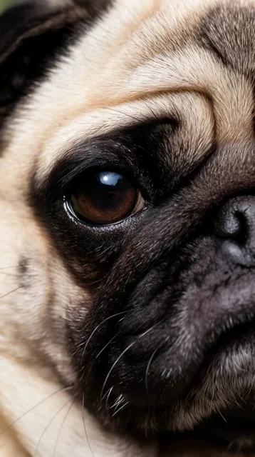extreme macro close-up of a pug dog face, glossy dark brown eye with a bright curved reflection...