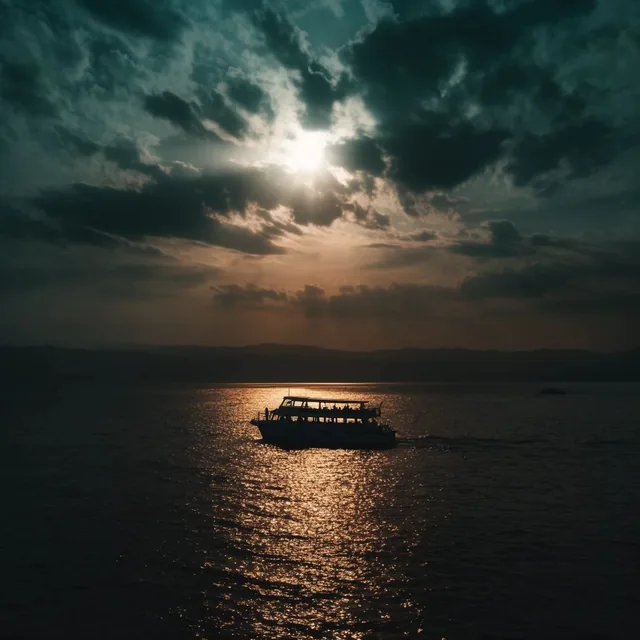 silhouetted passenger boat on rippling water, sun piercing dramatic dark clouds, brilliant gold...