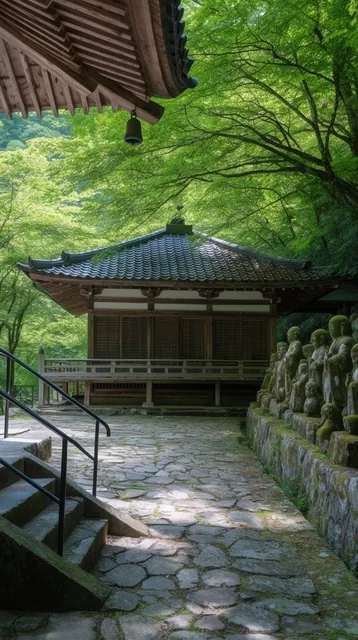 tranquil traditional wooden temple in a lush green forest, rustic stone pathway leading to a bu...