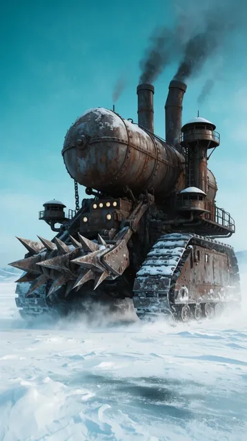 A colossal snow-crawler with iron treads and a spiked battering ram plows across a frozen white...