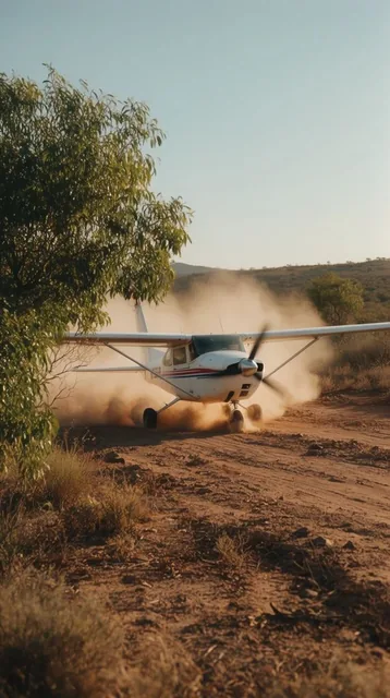 A white single-engine light aircraft kicks up a massive cloud of dust as it speeds along a rugg...