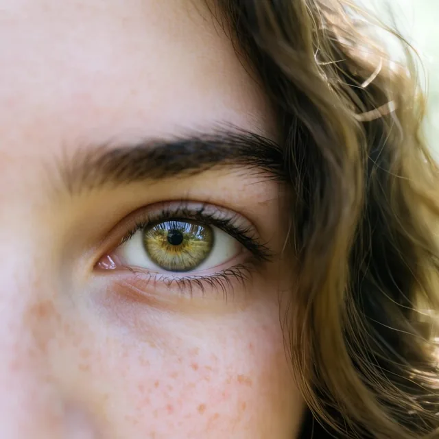 Extreme macro shot of a hazel eye gazing directly forward, the detailed iris reflecting outdoor...