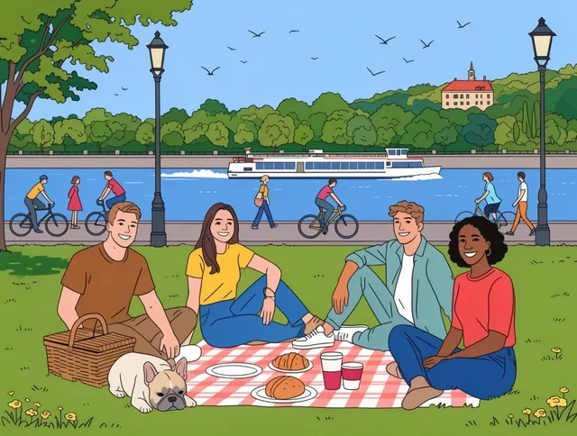 A clear-line vector illustration of four smiling young adults picnicking on a grassy lawn along...