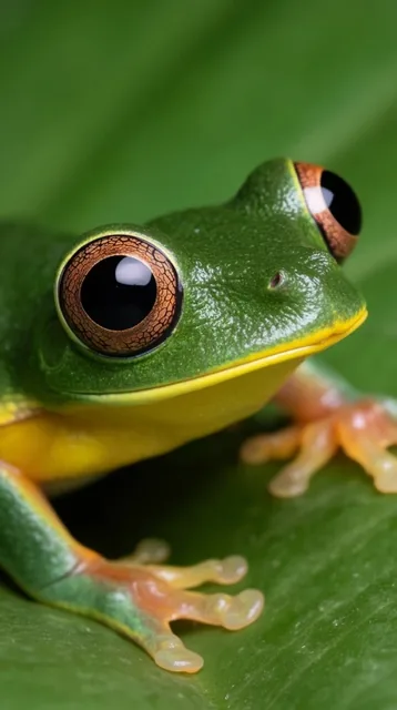 A macro photograph captures a close-up of a vibrant green tree frog resting on a broad, texture...