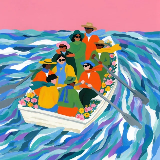 A vibrant, painterly illustration depicts nine diverse individuals in a small white rowboat nav...