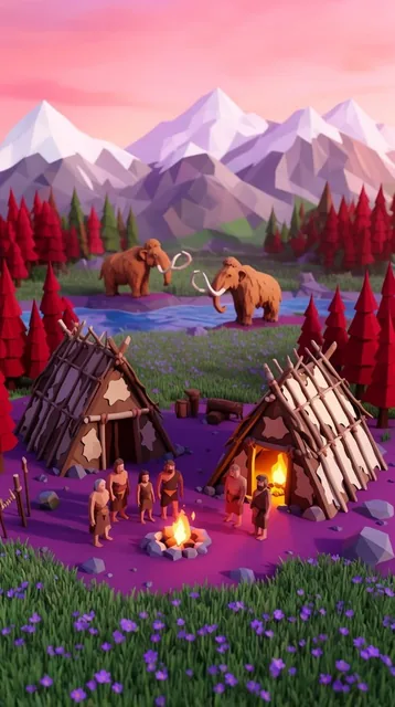Low-poly 3D render of a prehistoric village. Two hide-and-bone huts sit on purple ground, one g...