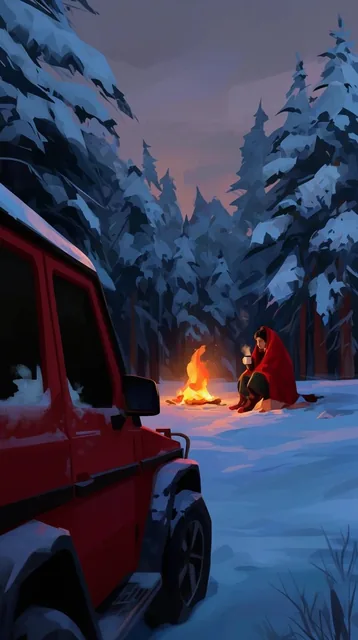 A figure wrapped in a red blanket sits by a campfire in a snowy forest holding a mug. A snow-du...