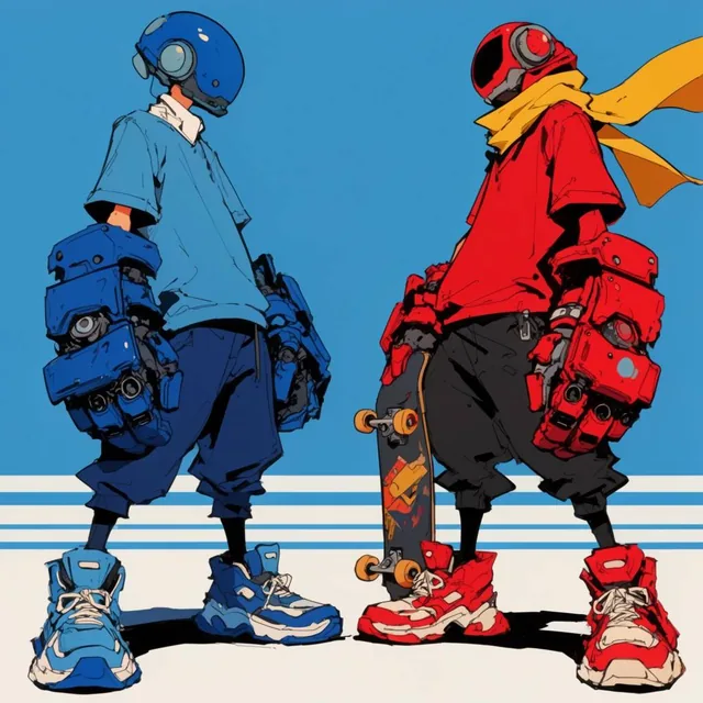 two stylized futuristic streetwear characters in wide stances facing each other, cel-shaded ani...