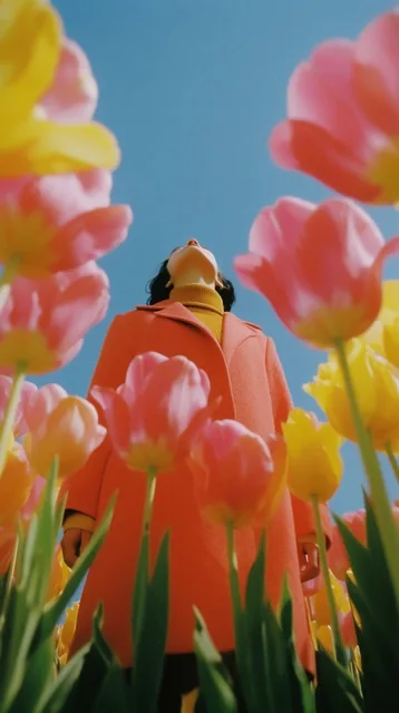 extreme low-angle perspective looking up through large vibrant pink and yellow tulips, thick gr...