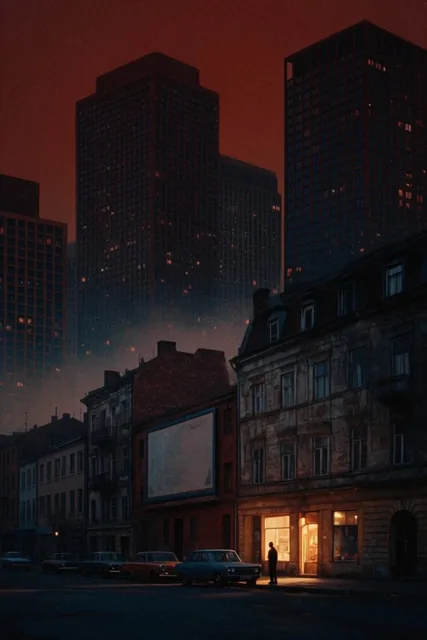 A moody urban street contrasts older low-rise buildings in the foreground with towering modern...
