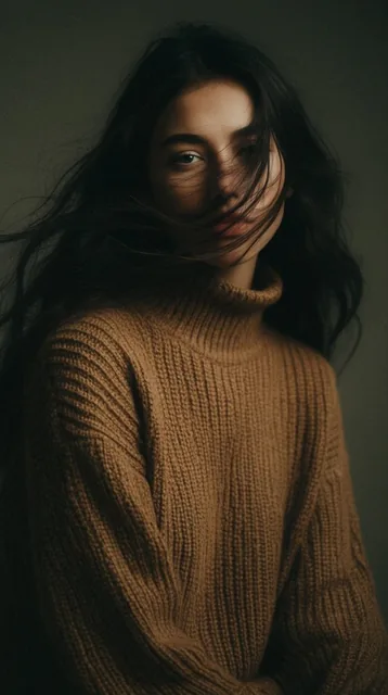 A moody editorial portrait of a young woman with long dark hair blowing across her face, partia...
