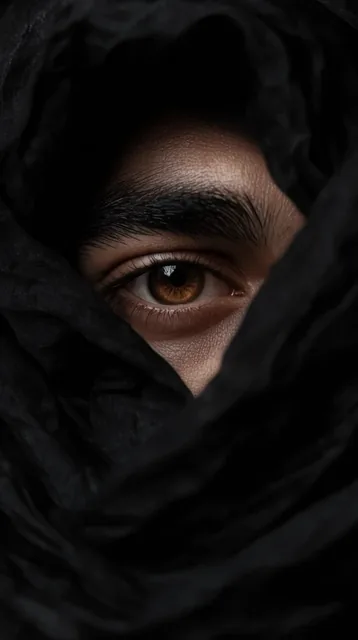extreme close up portrait of a single brown eye peering through voluminous black fabric, face h...
