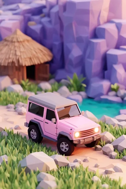 A low-poly 3D render of a pastel pink off-road SUV with a grey roof and glowing headlights on a...