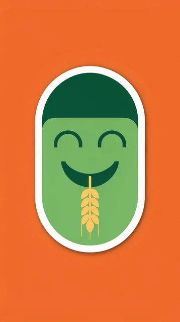 A die-cut vector sticker of a cheerful, two-tone green pill-shaped face centered on a solid ora...