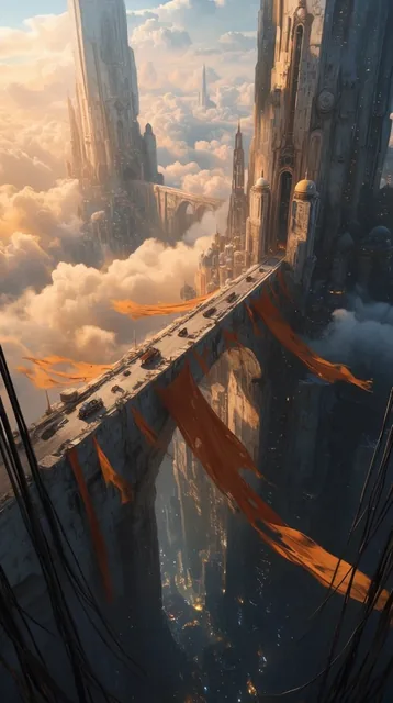 Colossal vertical city towering above fluffy clouds, massive stone bridge connecting gargantuan...