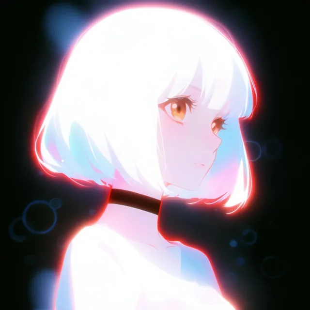 A luminous digital anime portrait of a young woman with a glowing white bob and black choker ag...