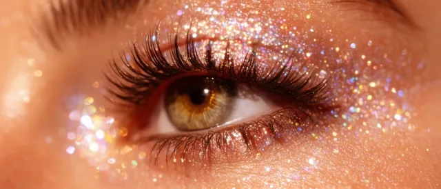Macro beauty shot of a hazel eye, glowing glitter makeup on textured skin, long eyelashes, warm...