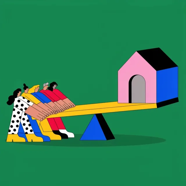 A flat vector illustration of five people pushing the lower end of a yellow seesaw to elevate a...