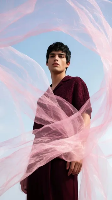 A low-angle fashion portrait of a dark-haired male model standing against a clear light blue sk...