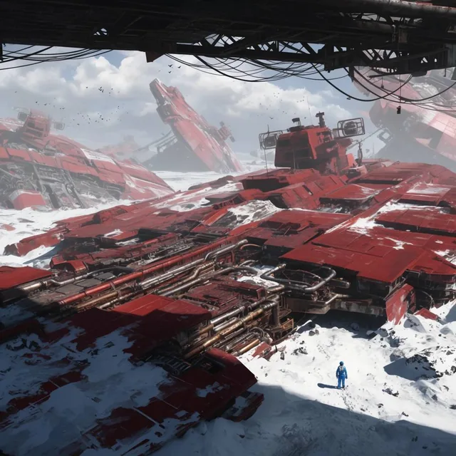 colossal wrecked red spaceships buried in white snow, immense metallic platforms with intricate...