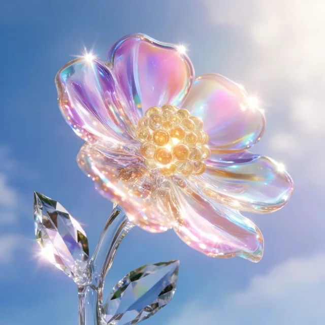 A luminous flower crafted entirely from iridescent glass blooms against a soft blue sky with wi...