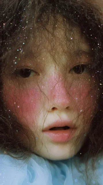 Extreme close-up portrait of a face draped in wild, frizzy dark brown hair. The fair skin featu...