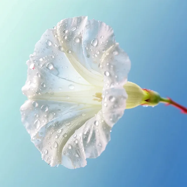 A close-up macro photograph of a white trumpet-shaped flower extending diagonally against a smo...