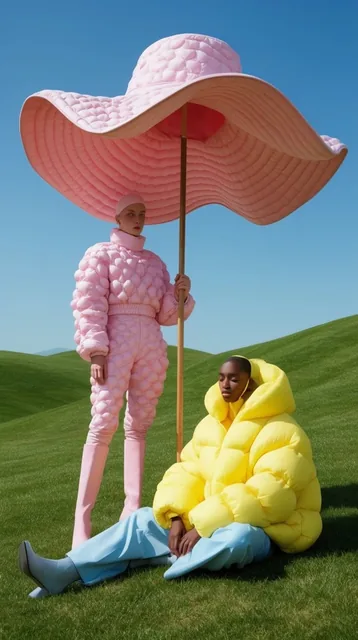 avant-garde fashion on manicured rolling green hills, standing figure in a pastel pink dimpled...