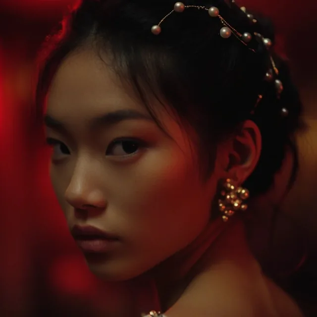 close-up portrait of a young East Asian woman, intense over-the-shoulder gaze, dark hair styled...