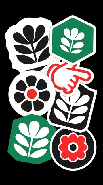 cluster of overlapping die-cut graphic stickers on a solid black background, flat vector art st...