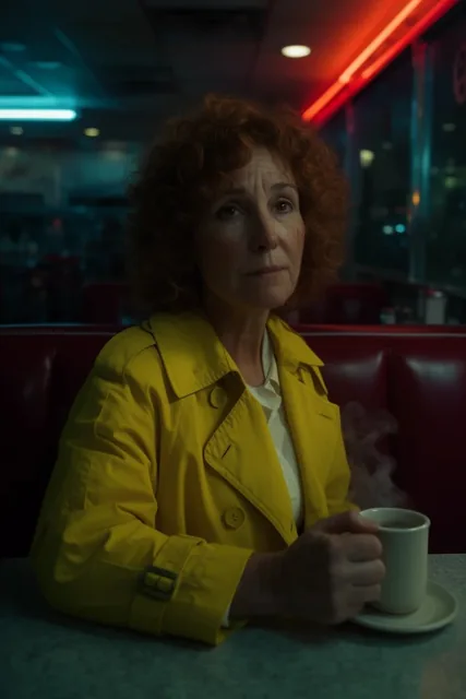 A middle-aged woman with curly auburn hair sits in a dimly lit neon diner booth. She wears a br...