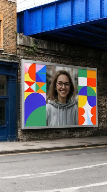 large billboard on weathered brick beneath a bright blue steel railway overpass, displaying vib...