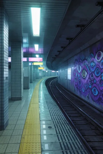 empty underground subway station curving right, digital anime background art style, square tile...