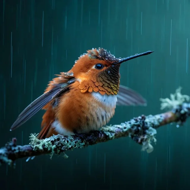 rufous hummingbird perched on a lichen-covered branch, sharp vertical rain streaks, wings sligh...