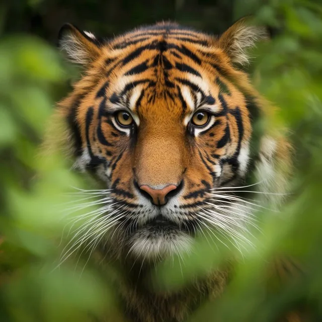 close-up portrait of a tiger face, intense amber eyes, orange and black striped fur, long white...