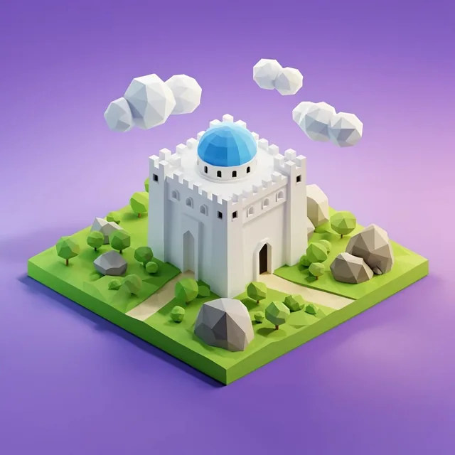 A 3D isometric low-poly illustration of a white cubic fortress with a blue dome. It sits on a s...