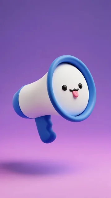 3D rendered anthropomorphic megaphone floating in mid-air, kawaii white face inside the blue ri...