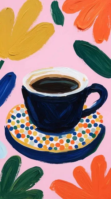 A vibrant acrylic painting of a dark navy coffee cup on a colorful polka-dot saucer set against...