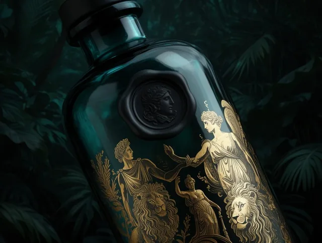 tilted dark teal glossy glass bottle, matte black wax seal, intricate gold foil mythological il...