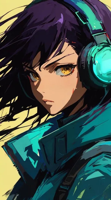 extreme close-up anime-style portrait of a young woman with wind-blown dark purple hair and gol...