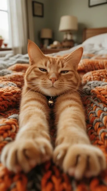 orange tabby cat stretching front paws directly toward the camera, sleepy half-closed eyes, sma...