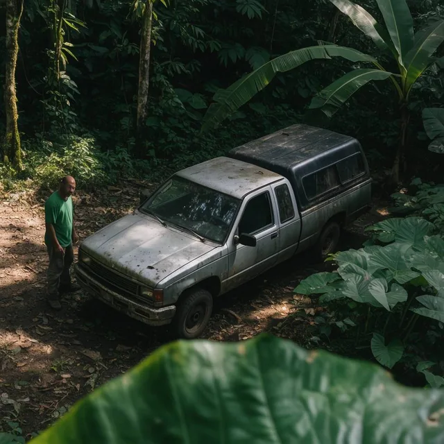 Weathered silver pickup truck with black camper shell in a lush jungle clearing, man in green s...